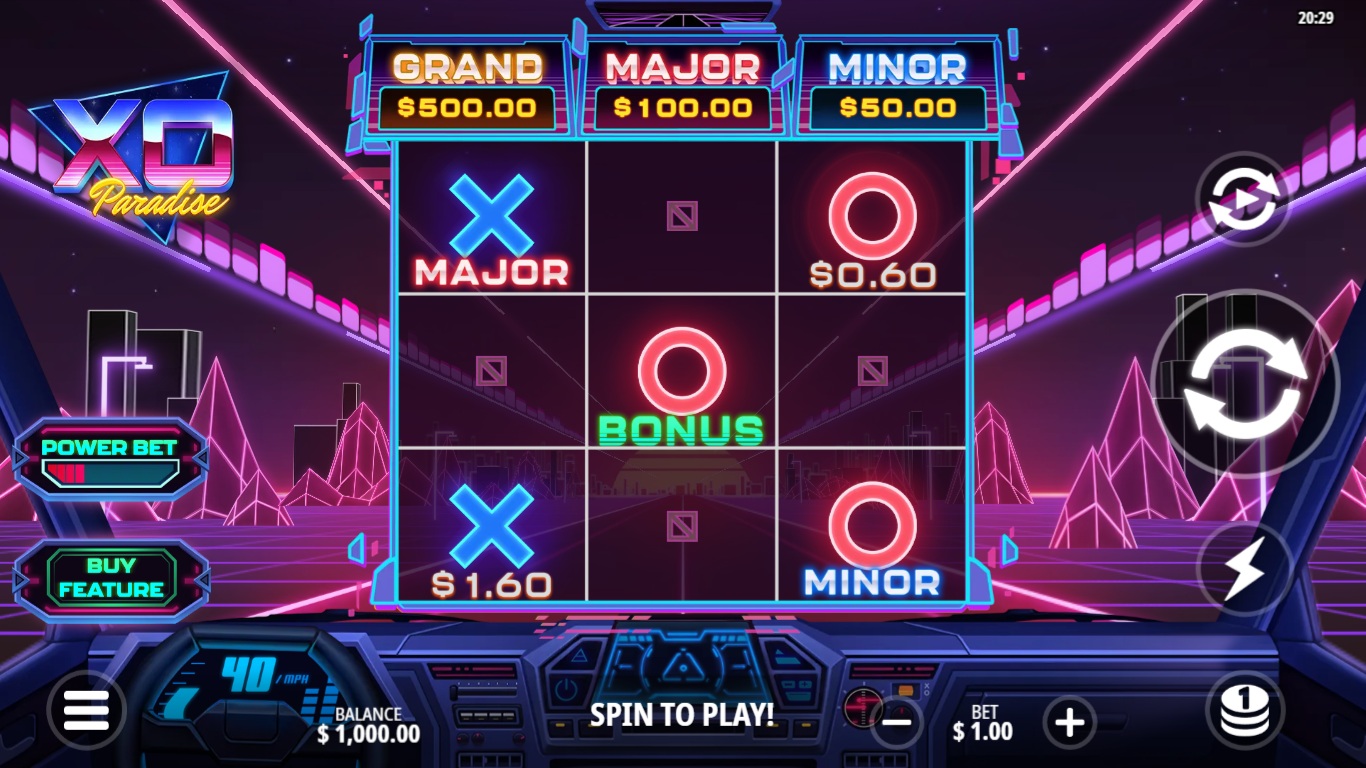 XO Paradise slot gameplay showing symbols on a 3x3 board