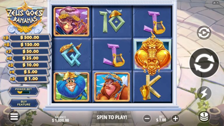 Zeus Goes Bananas slot gameplay showing symbols on a 3x3 board