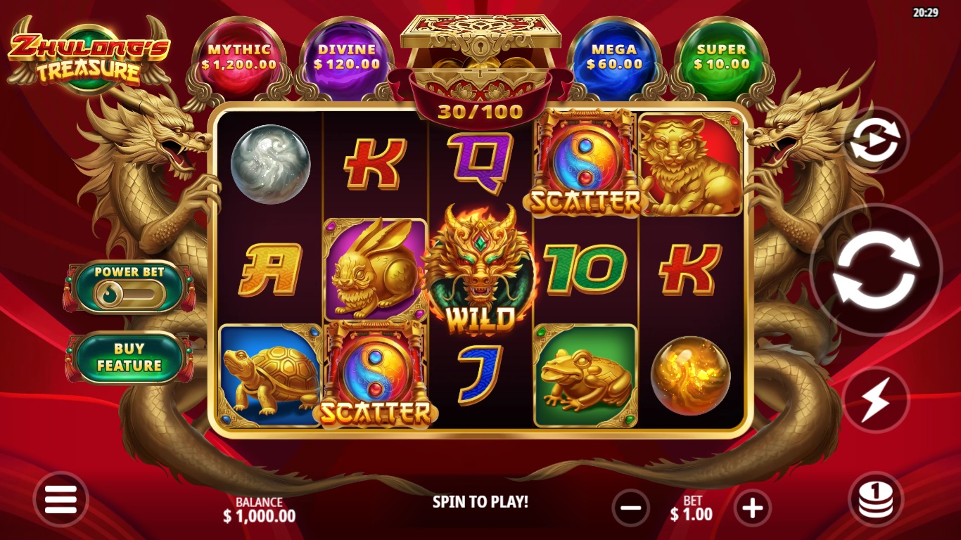 Zhulong's Treasure slot gameplay showing symbols on a 5x3 board