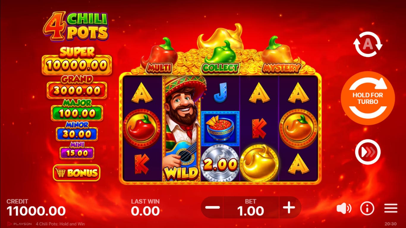 4 Chili Pots slot gameplay showing symbols on a 5x3 (5x5 Super Bonus) board