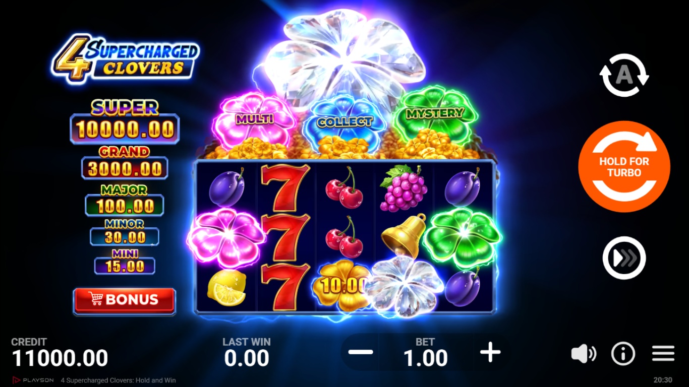 4 Supercharged Clovers: Hold and Win slot gameplay showing symbols on a 5x3 (5x5 Super Bonus) board