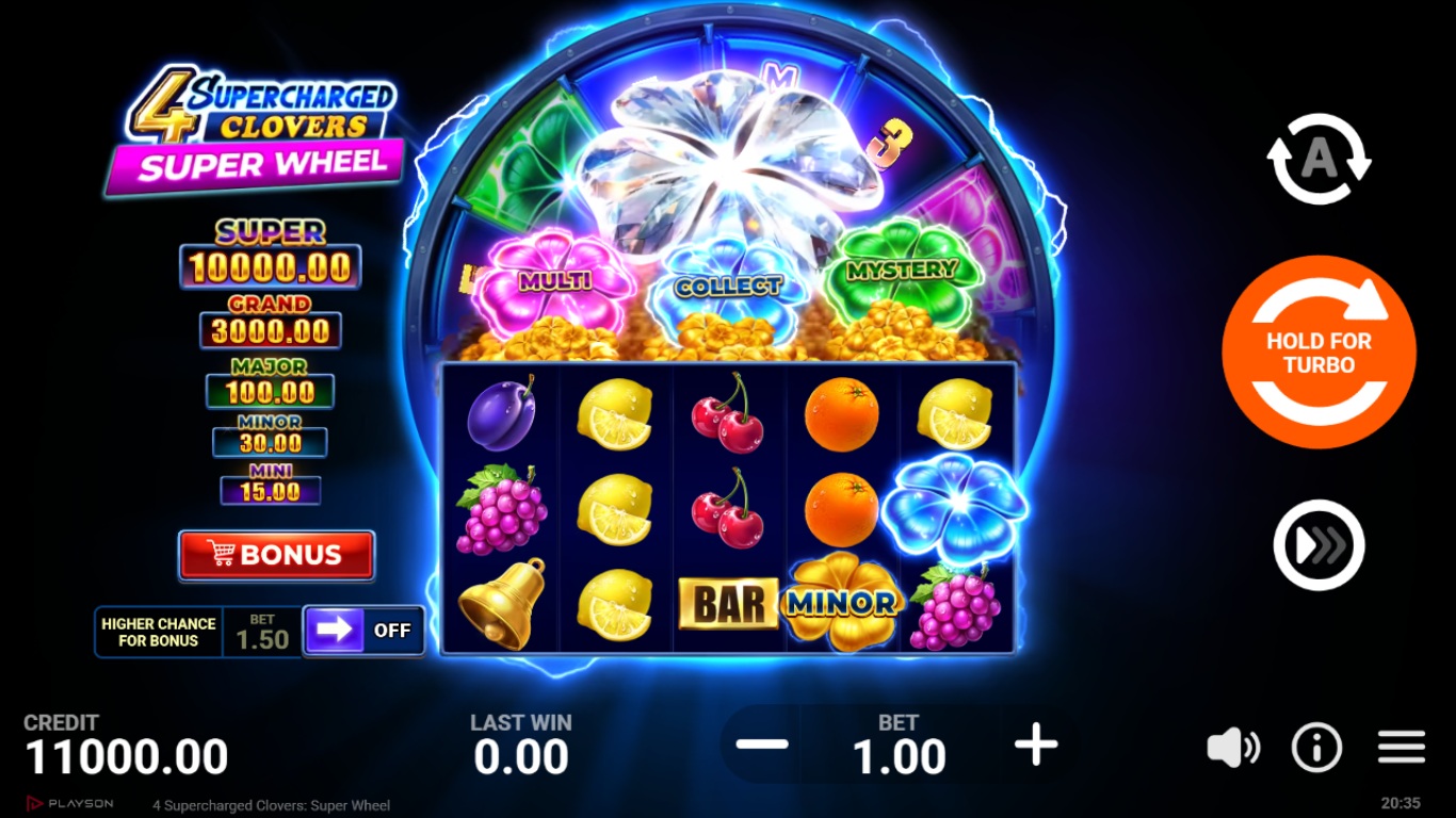 4 Supercharged Clovers: Super Wheel slot gameplay showing symbols on a 5x3 (5x5 Super Bonus) board