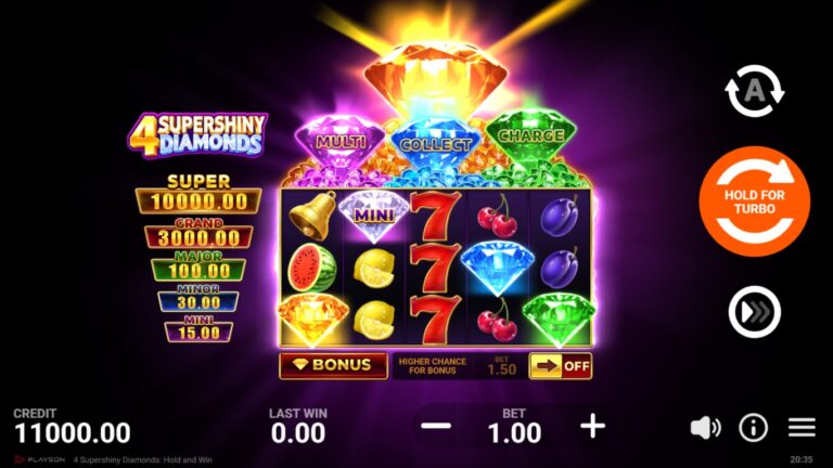 4 Supershiny Diamonds slot gameplay showing symbols on a 5x3 (5x5 Super Bonus) board
