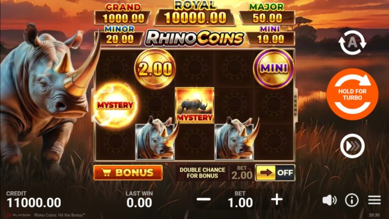 Rhino Coins: Hit the Bonus slot gameplay showing symbols on a 5x3 (5x5 Super Bonus) board