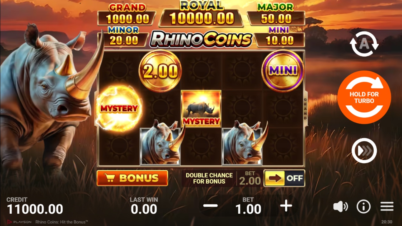 Rhino Coins: Hit the Bonus slot gameplay showing symbols on a 5x3 (5x5 Super Bonus) board