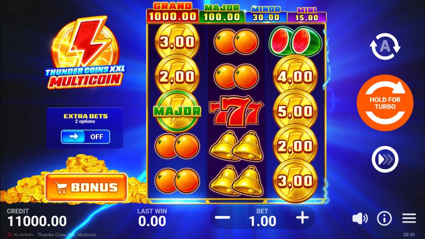 Thunder Coins XXL: Multicoin slot gameplay showing symbols on a 3x5 board