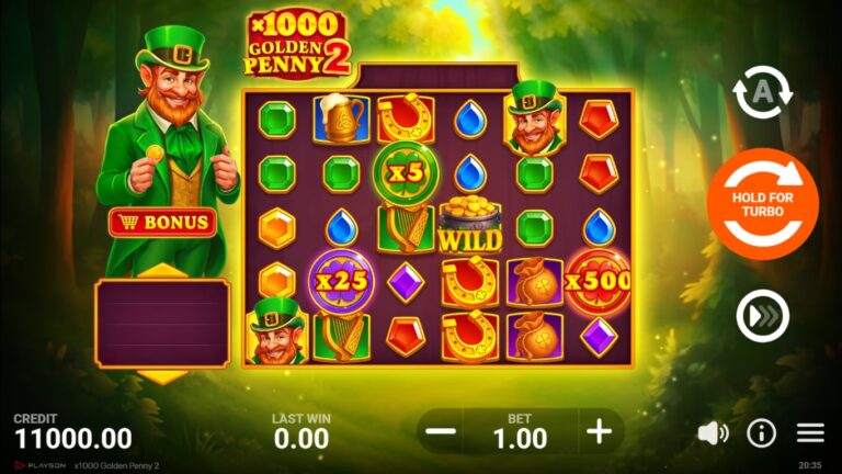 x1000 Golden Penny 2 slot gameplay showing symbols on a 6x5 board