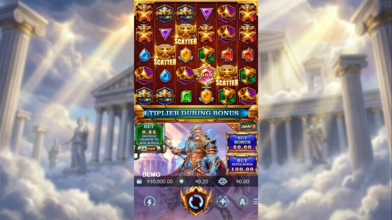 Zeus of Olympus slot gameplay showing symbols on a 6x5 board