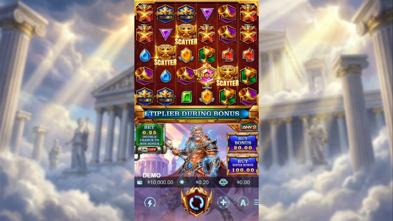 Zeus of Olympus slot gameplay showing symbols on a 6x5 board