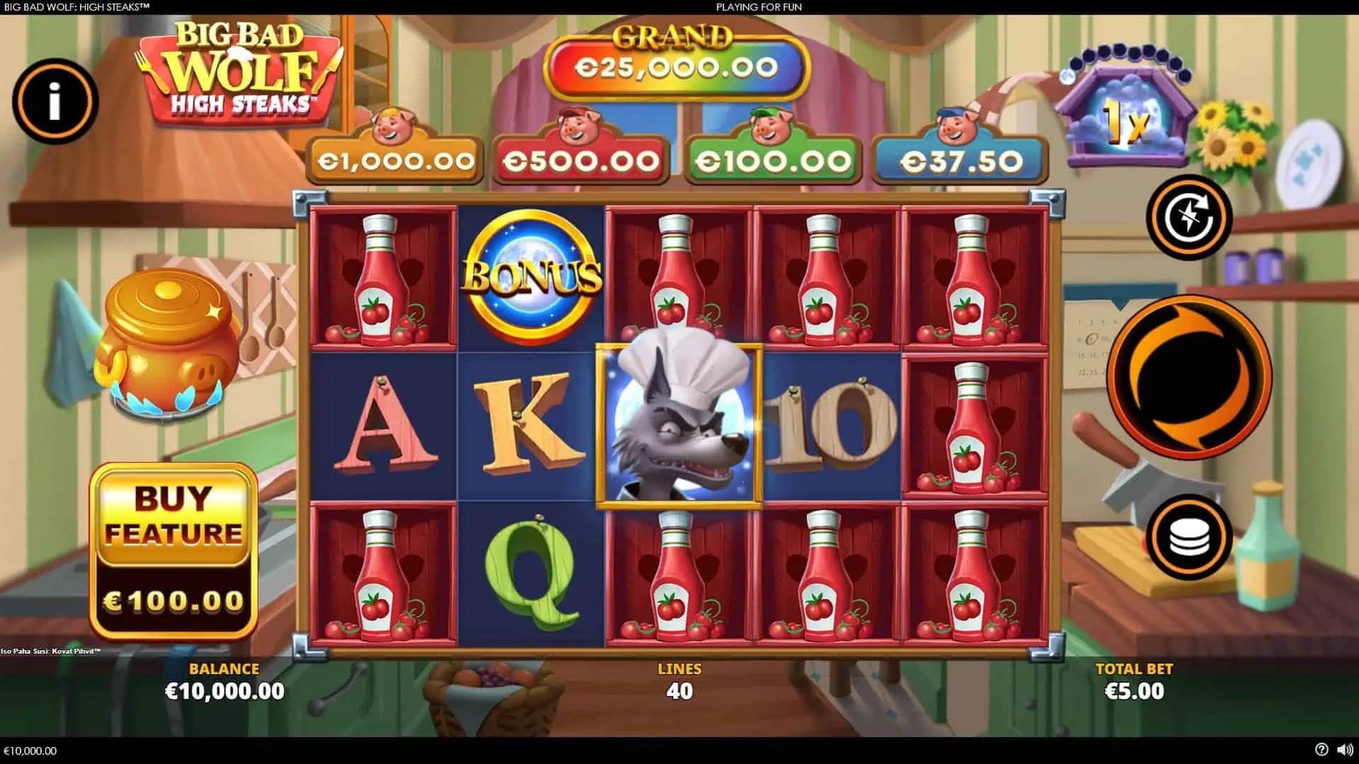 Big Bad Wolf High Steaks slot gameplay showing symbols on a 5x3 board