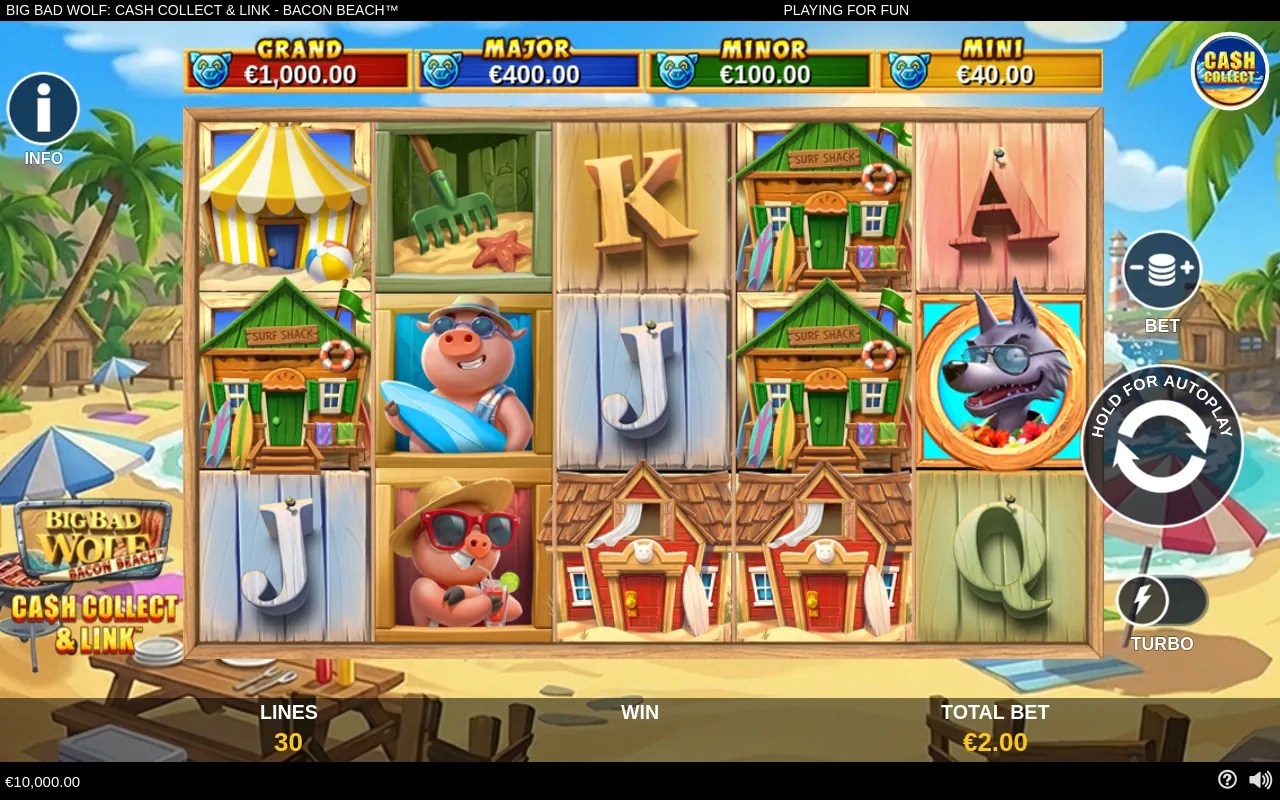 Big Bad Wolf: Cash Collect & Link – Bacon Beach slot gameplay showing symbols on a 5x3 board