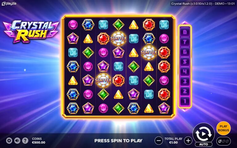 Crystal Rush slot gameplay showing symbols on a 7x7 board