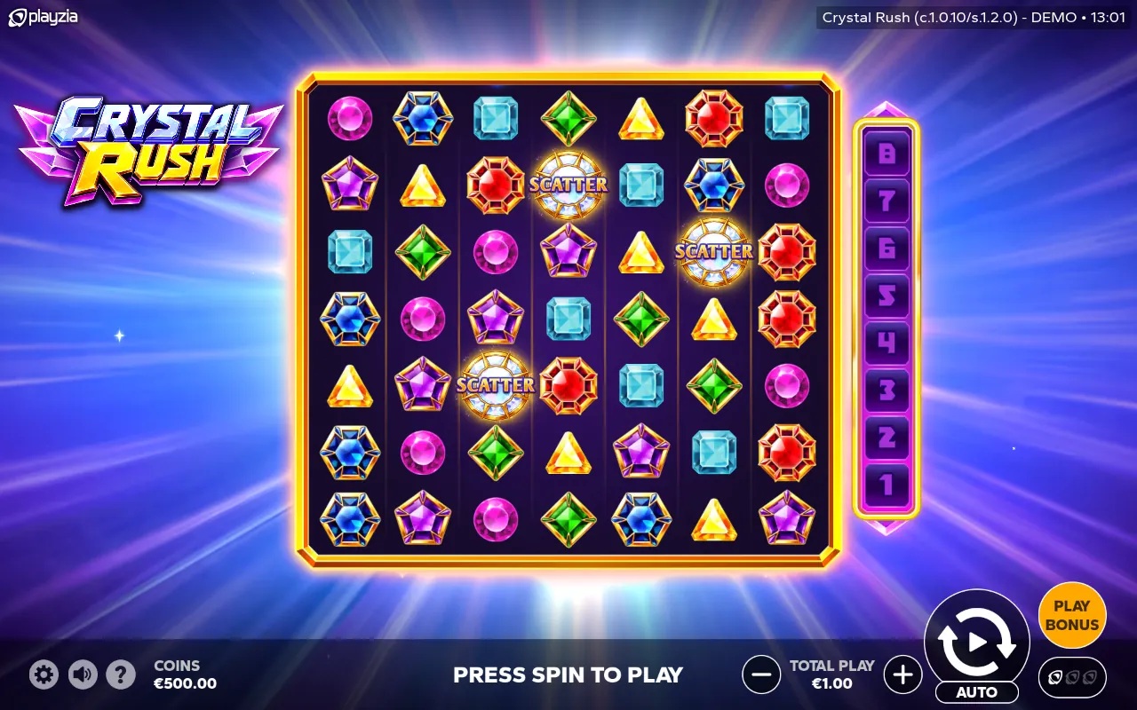 Crystal Rush slot gameplay showing symbols on a 7x7 board