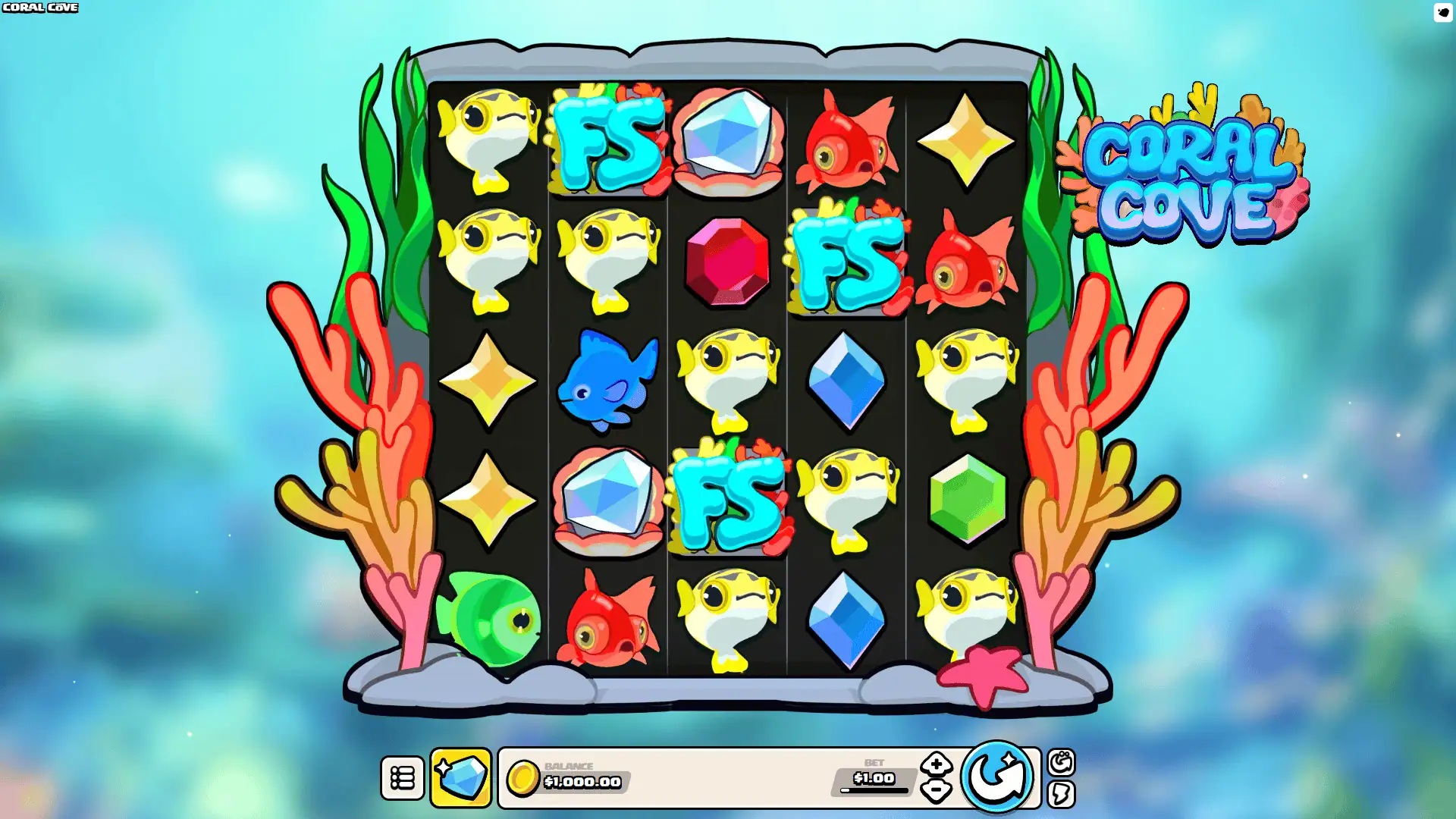 Coral Cove slot gameplay showing symbols on a 5x5 board