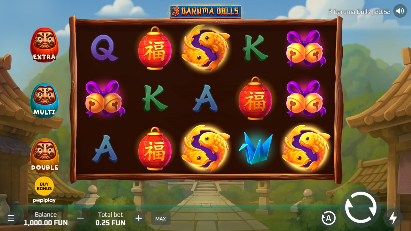 3 Daruma Dolls slot gameplay showing symbols on a 5x3 board