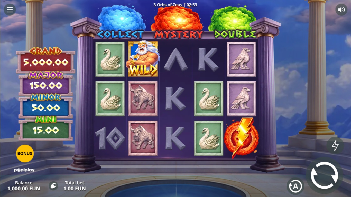 3 Orbs of Zeus slot gameplay showing symbols on a 5x3 board
