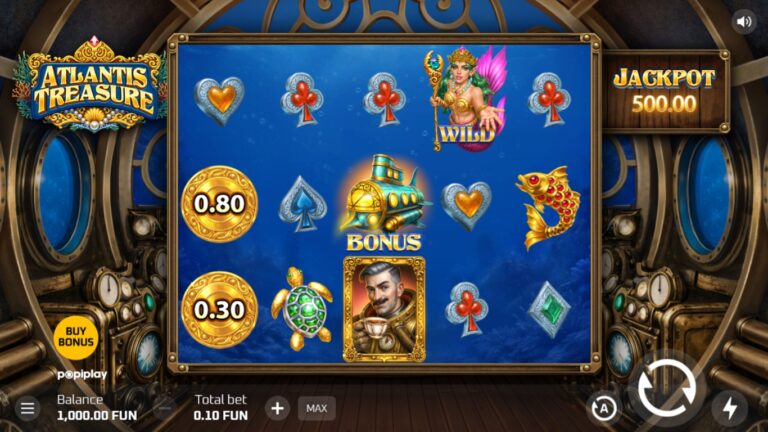 Atlantis Treasure slot gameplay showing symbols on a 5x3 board