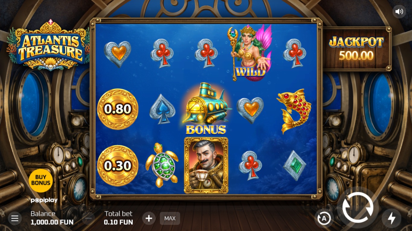 Atlantis Treasure slot gameplay showing symbols on a 5x3 board