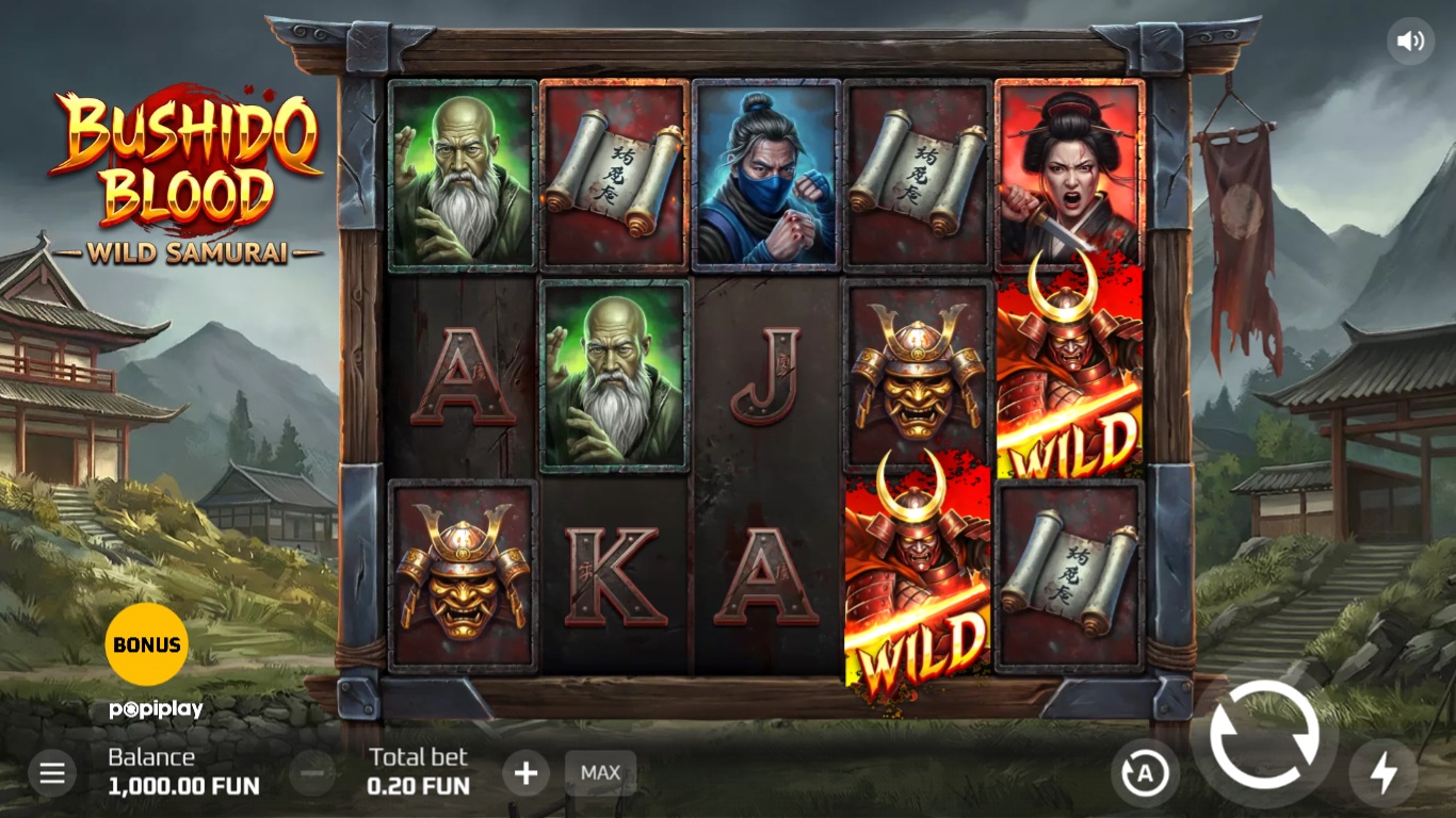 Bushido Blood slot gameplay showing symbols on a 5x3 board