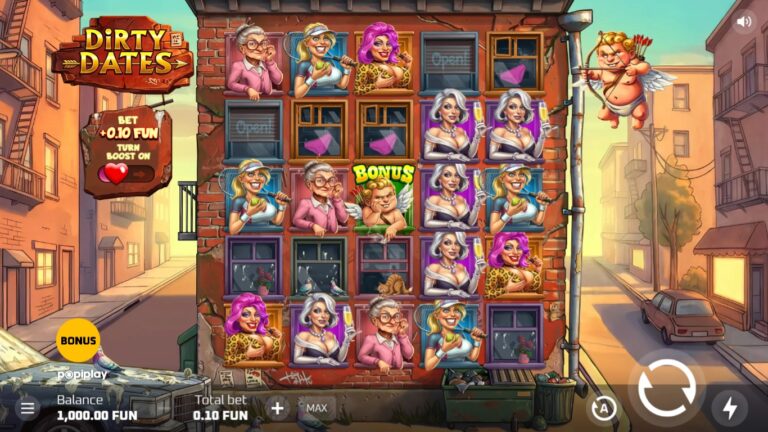 Dirty Dates slot gameplay with symbols on a 5x5 board