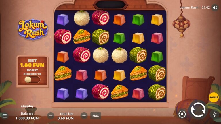 Lokum Rush slot gameplay with symbols on a 6x5 board