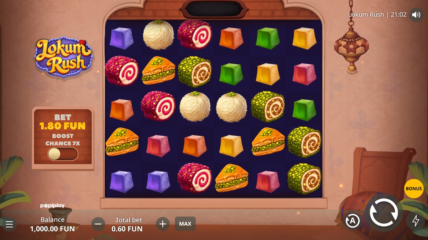 Lokum Rush slot gameplay with symbols on a 6x5 board