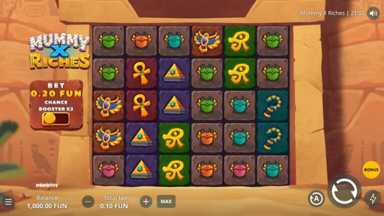 Mummy x Riches slot gameplay with symbols on a 6x5 board