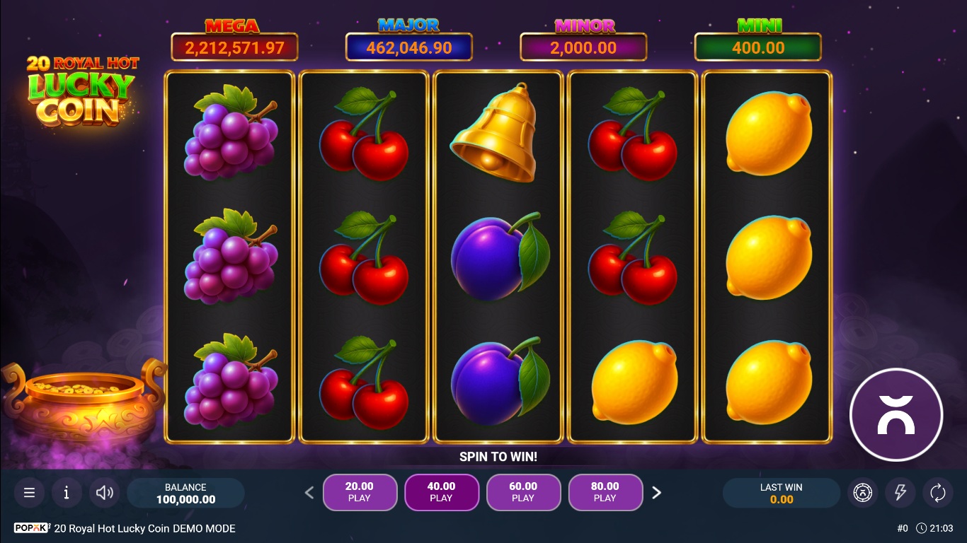 20 Royal Hot Lucky Coin slot gameplay with symbols on a 5x3 board