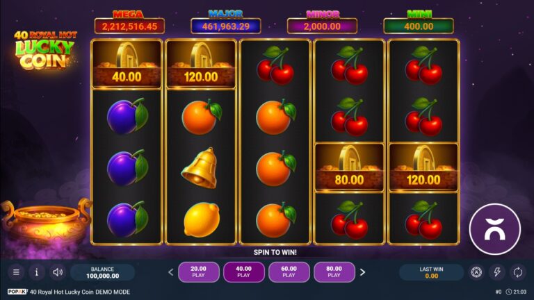 40 Royal Hot Lucky Coin slot gameplay with symbols on a 5x4 board