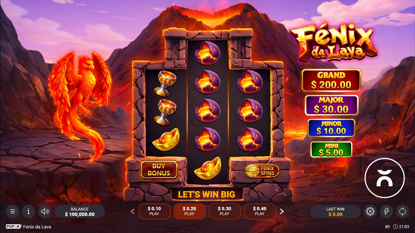Fenix da Lava slot gameplay with symbols on a 3-5-3 board