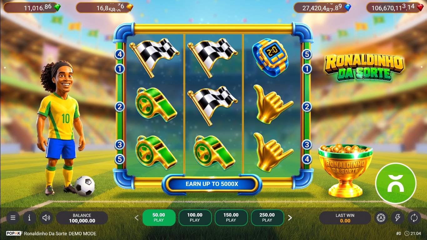 Ronaldinho da Sorte slot gameplay with symbols on a 3x3 board