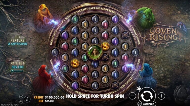 Coven Rising slot gameplay with symbols on a 1-4-7-6-7-4-1 board
