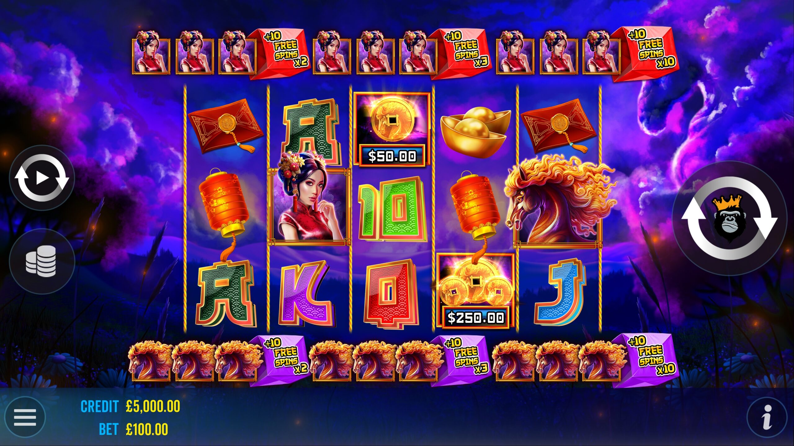 Floating Dragon Wild Horses slot gameplay with symbols on a 5x3 board
