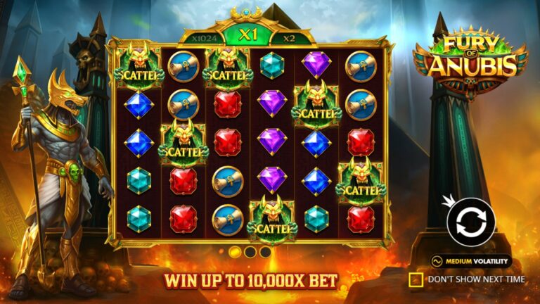 Fury of Anubis slot gameplay with symbols on a 6x5 board