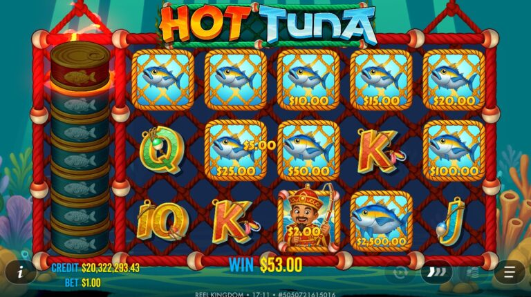 Hot Tuna slot gameplay with symbols on a 5x3 board