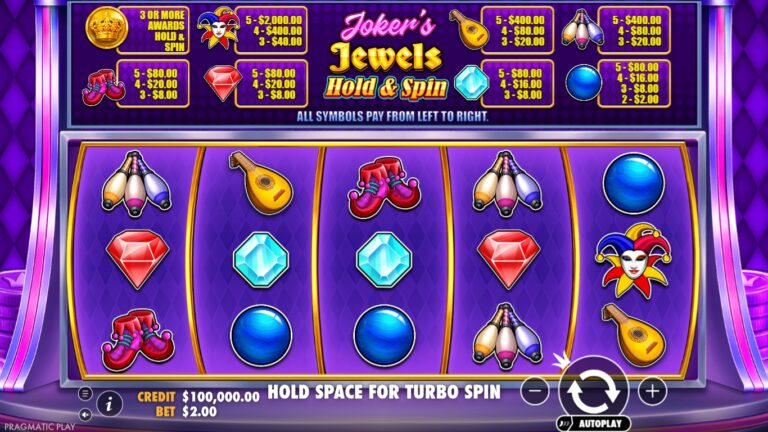 Joker's Jewels Hold & Spin slot gameplay with symbols on a 5x3 board