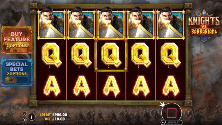 Knights vs Barbarians slot gameplay with symbols on a 5x3 board
