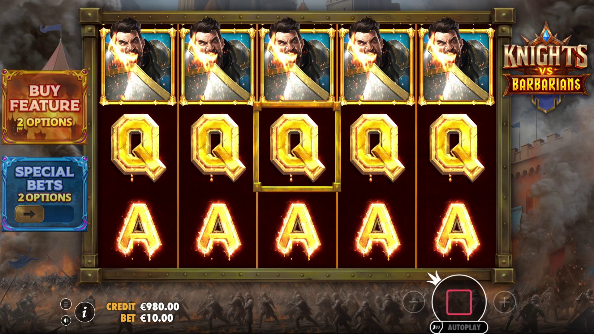 Knights vs Barbarians slot gameplay with symbols on a 5x3 board