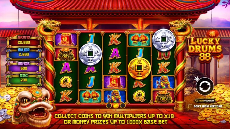 Lucky Drums 88 slot gameplay with symbols on a 5x5 board