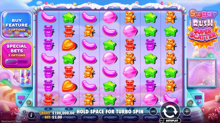 Sugar Rush Super Scatter slot gameplay with symbols on a 7x7 board