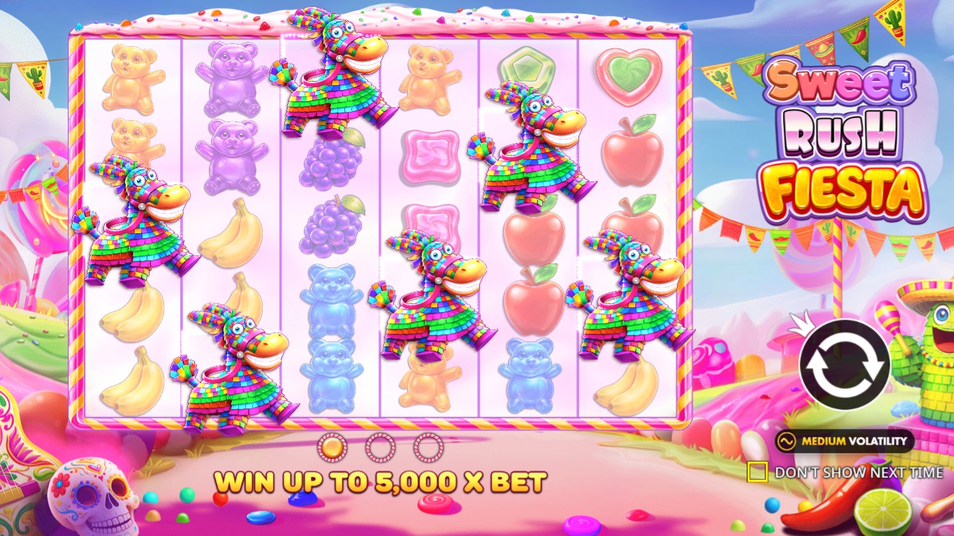 Sweet Rush Fiesta slot gameplay with symbols on a 6x5 board