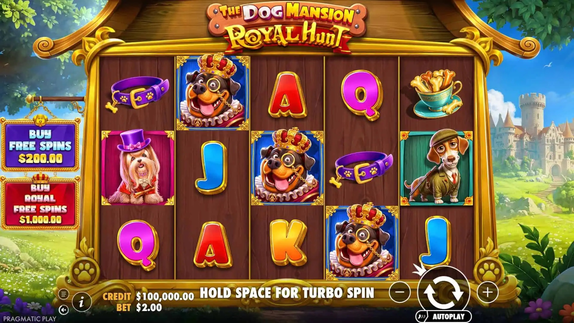 The Dog Mansion Royal Hunt slot gameplay with symbols on a 5x3 board