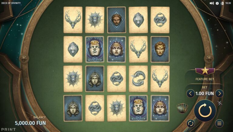 Deck of Divinity slot gameplay with symbols on a 5x4 board