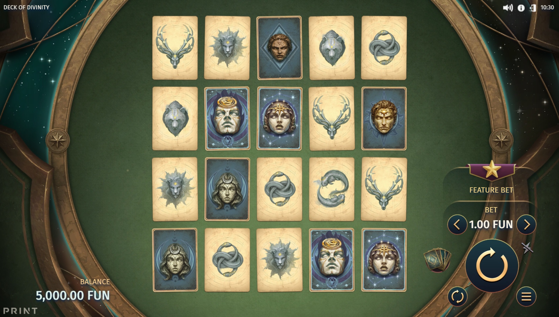 Deck of Divinity slot gameplay with symbols on a 5x4 board