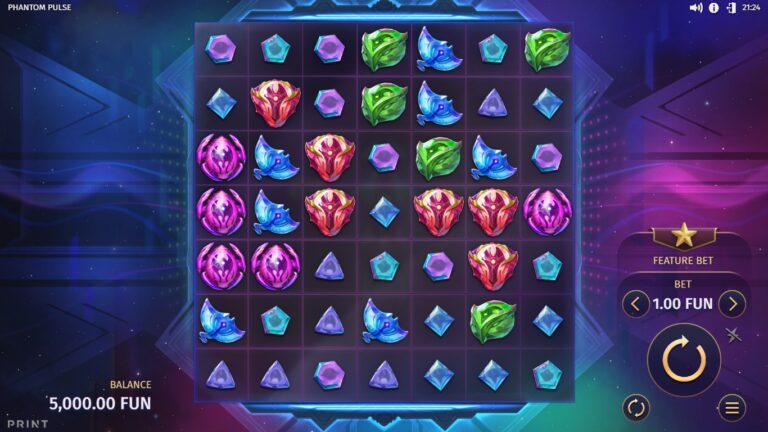 Phantom Pulse slot gameplay with symbols on a 7x7 board