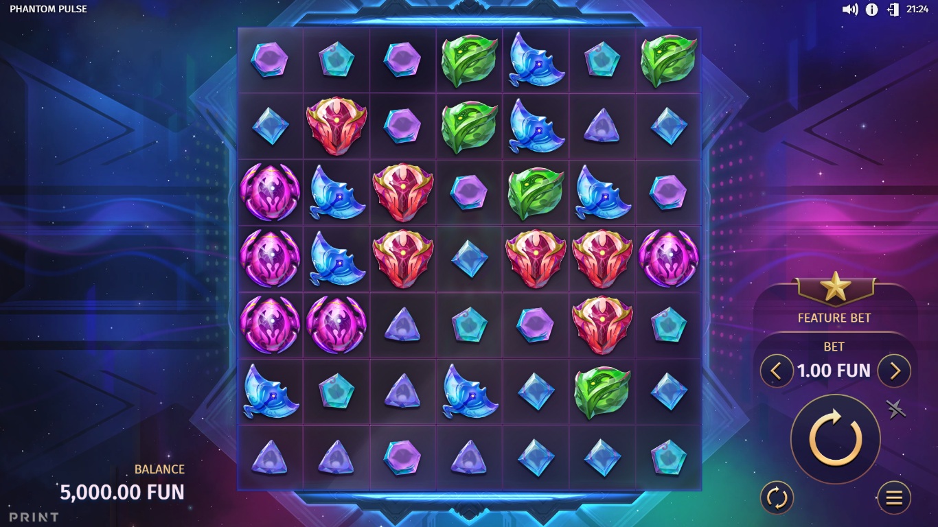 Phantom Pulse slot gameplay with symbols on a 7x7 board