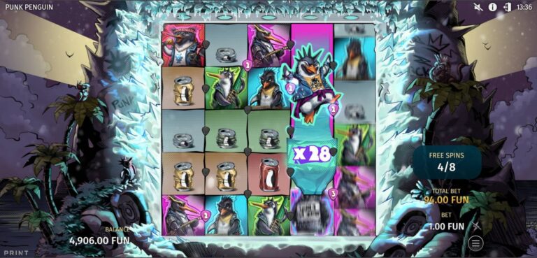 Punk Penguin slot gameplay with symbols on a 5x5 board