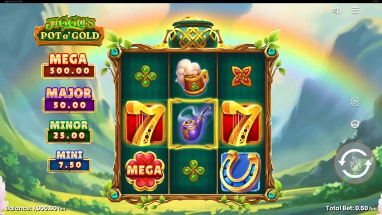 Jiggy's Pot O'Gold slot gameplay with symbols on a 3x3 board