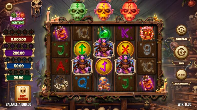 3 Heads of Fortune slot gameplay with symbols on a 5x4 board