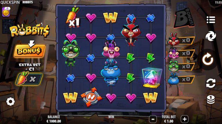 Robbits slot gameplay with symbols on a 5x5 (up to 8x8) board
